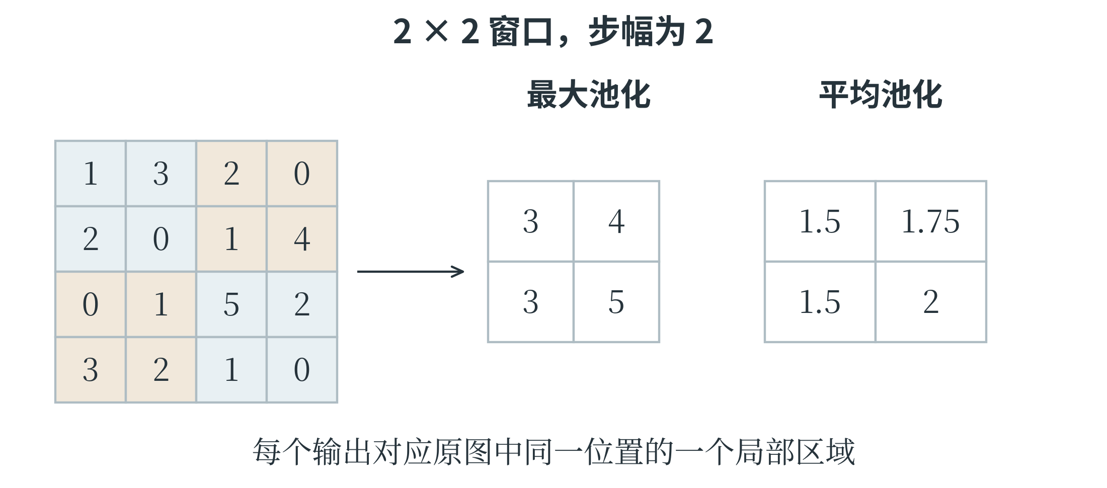 四个池化窗口与最大池化和平均池化的输出